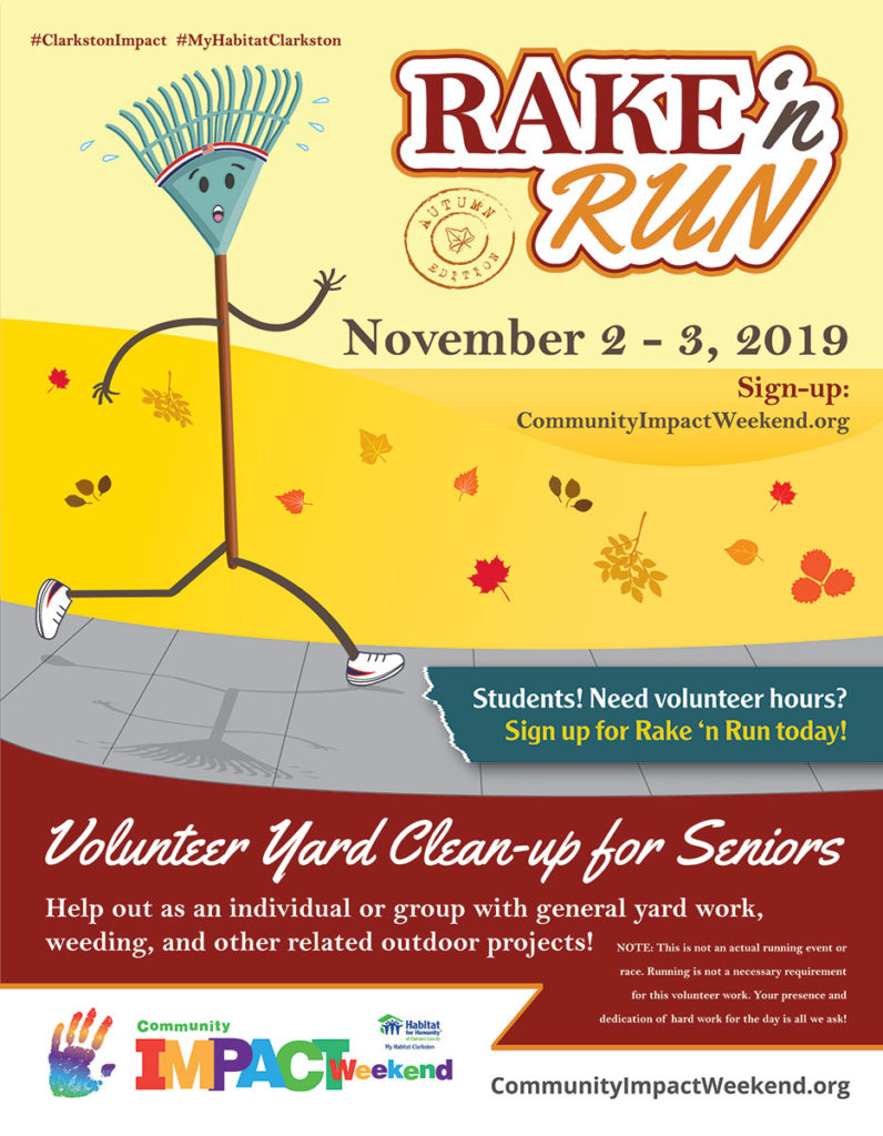 Community Impact Weekend Rake 'n Run Event Poster