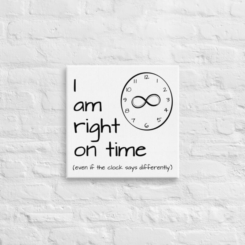 "I am right on time" affirmation 16x16 canvas wall art white brick mock-up