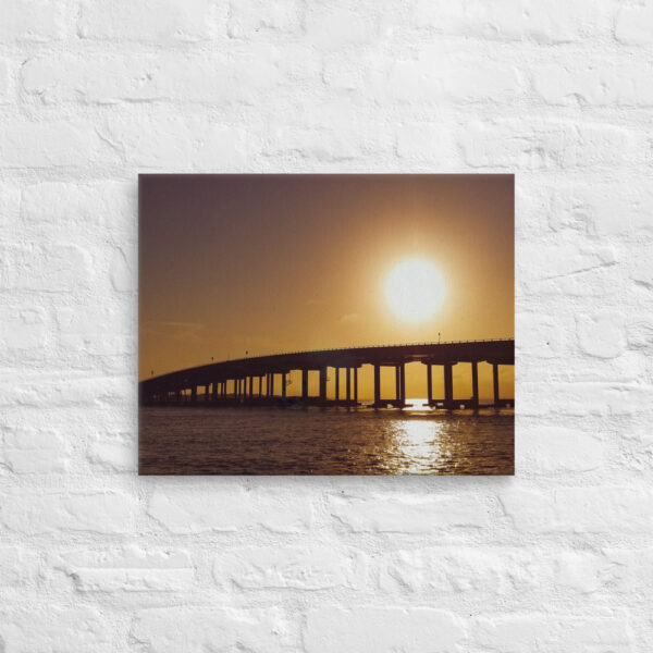 "Destin Bridge Sunset" 16x20 wrapped canvas print mock-up on white brick wall