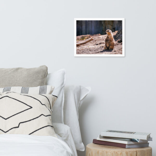 "Proud Prairie Dog" 12x16 framed poster print with white frame mock-up bedroom