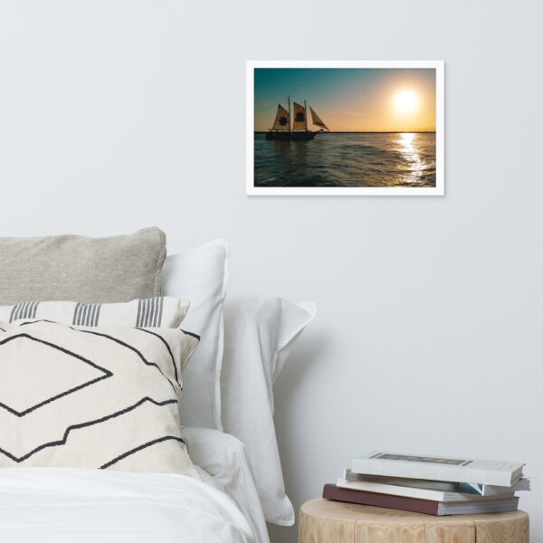 "Ship of the Florida Seas" 12x18 framed poster print with white frame lifestyle mock-up bedroom